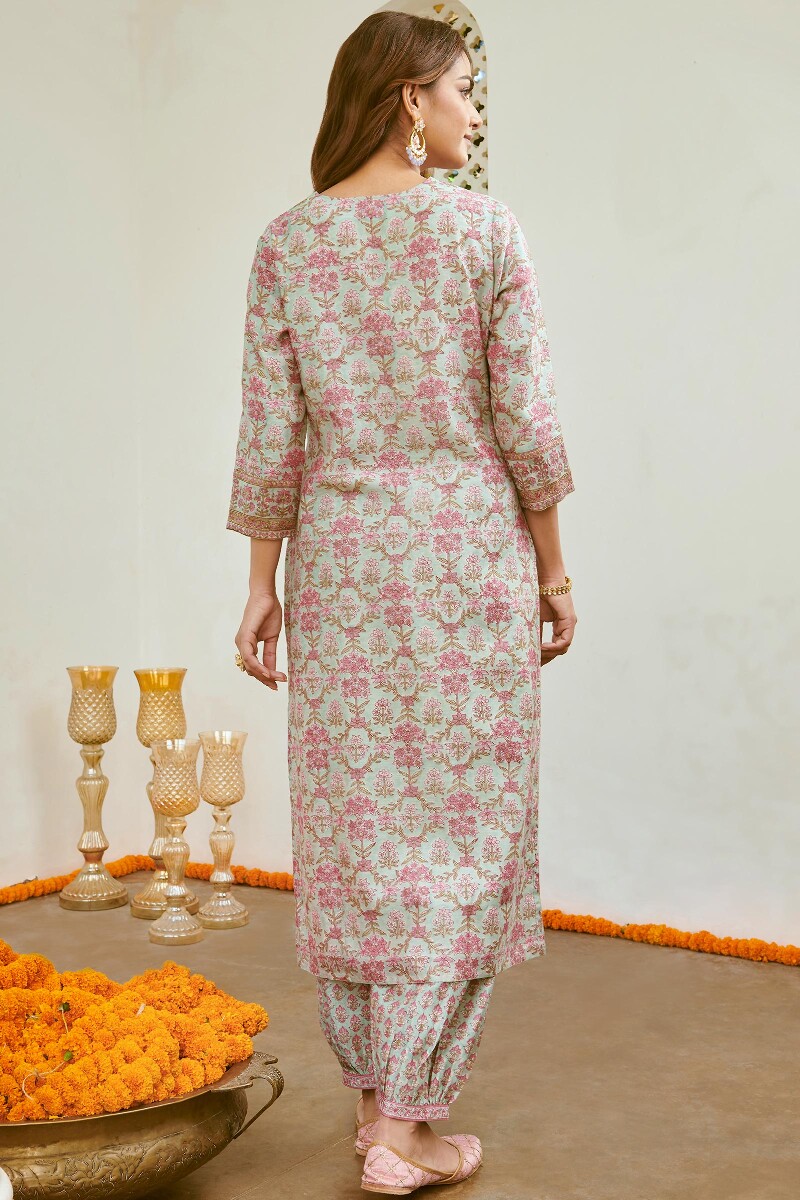 Light Blue Hand Block-Printed Straight Chanderi Kurta