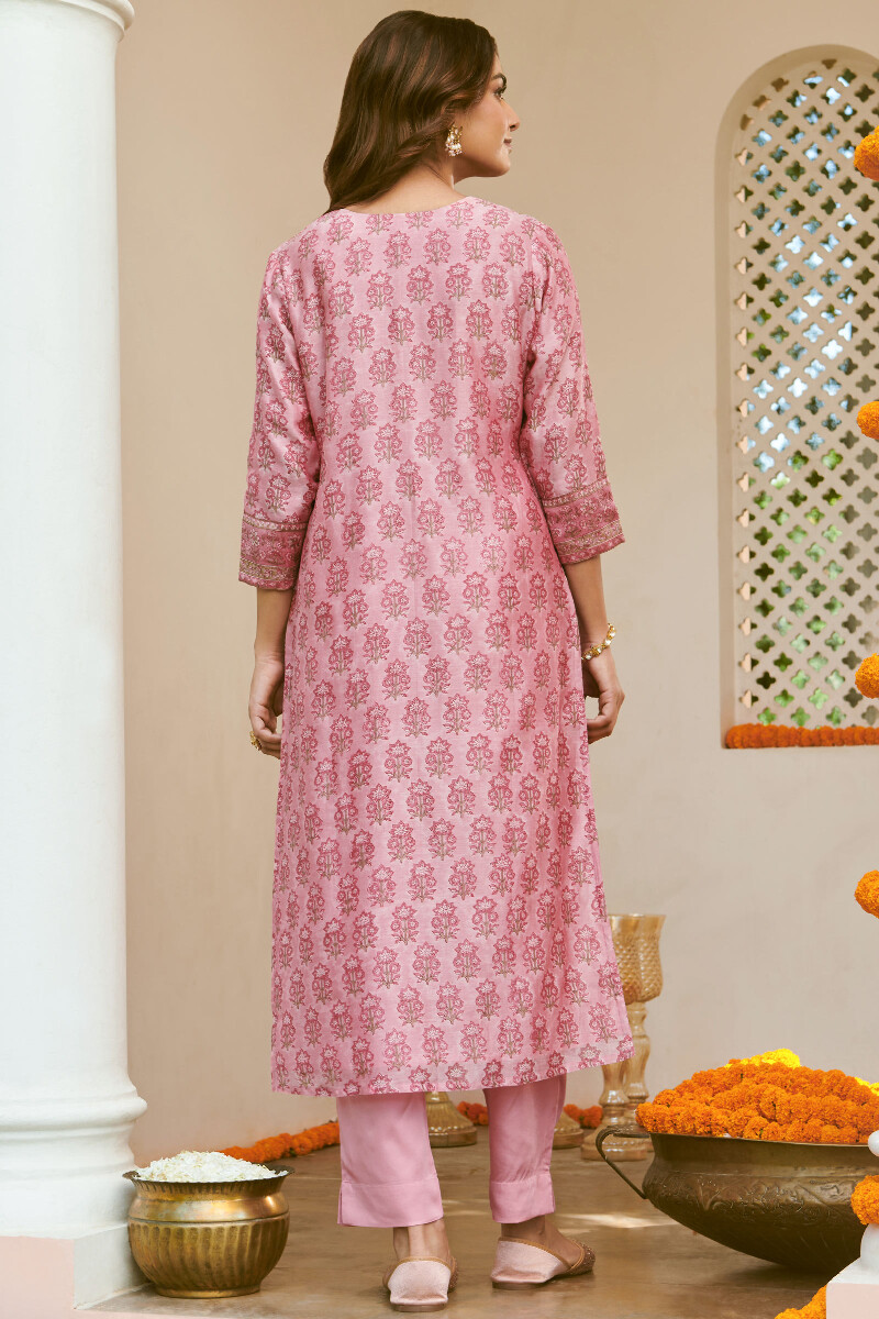 Pink Hand Block-Printed Straight Chanderi Kurta