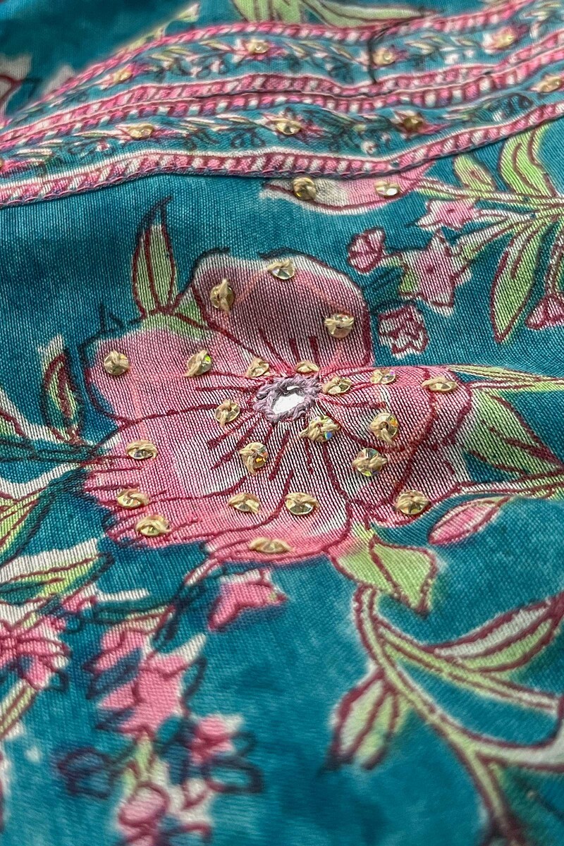 Blue Hand Block-Printed Straight Chanderi Kurta