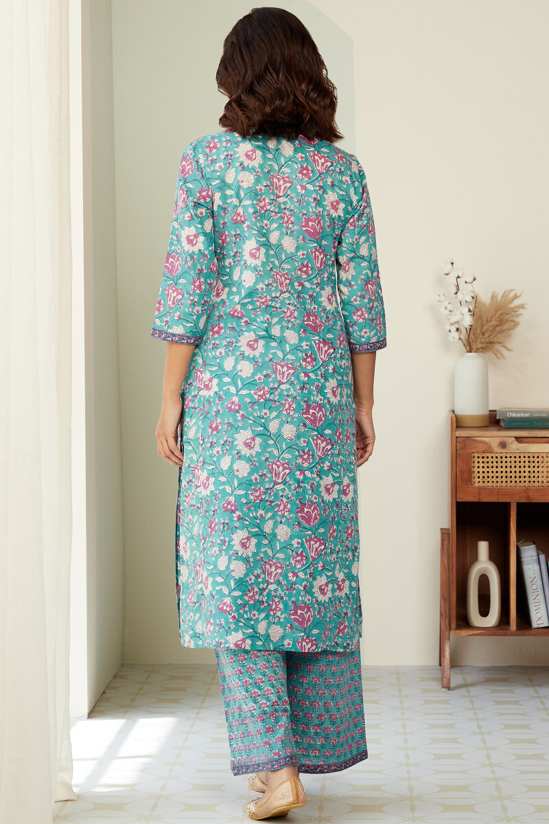 Turquoise Hand Block-Printed Straight Cotton Kurta