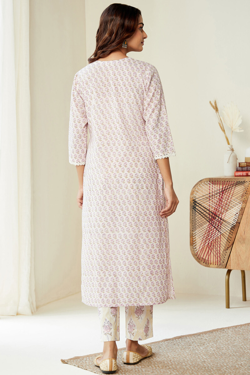 Purple Hand Block-Printed Straight Cotton Kurta
