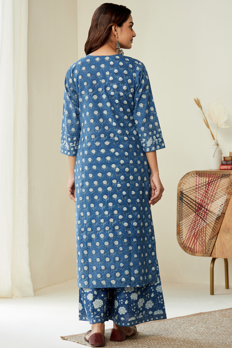 Indigo Hand Block-Printed Straight Cotton Kurta