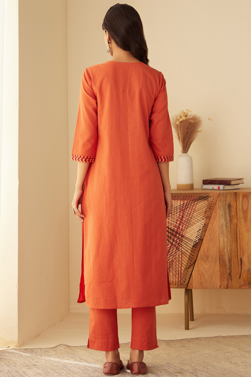 Orange Handcrafted Straight Cotton Flax Kurta