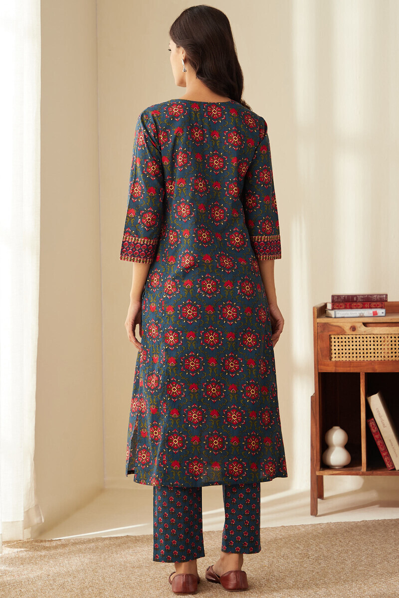 Blue Hand Printed Straight Cotton Kurta