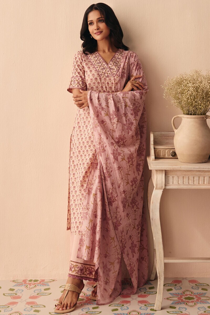Pink Hand Printed Straight Cotton Dobby Kurta