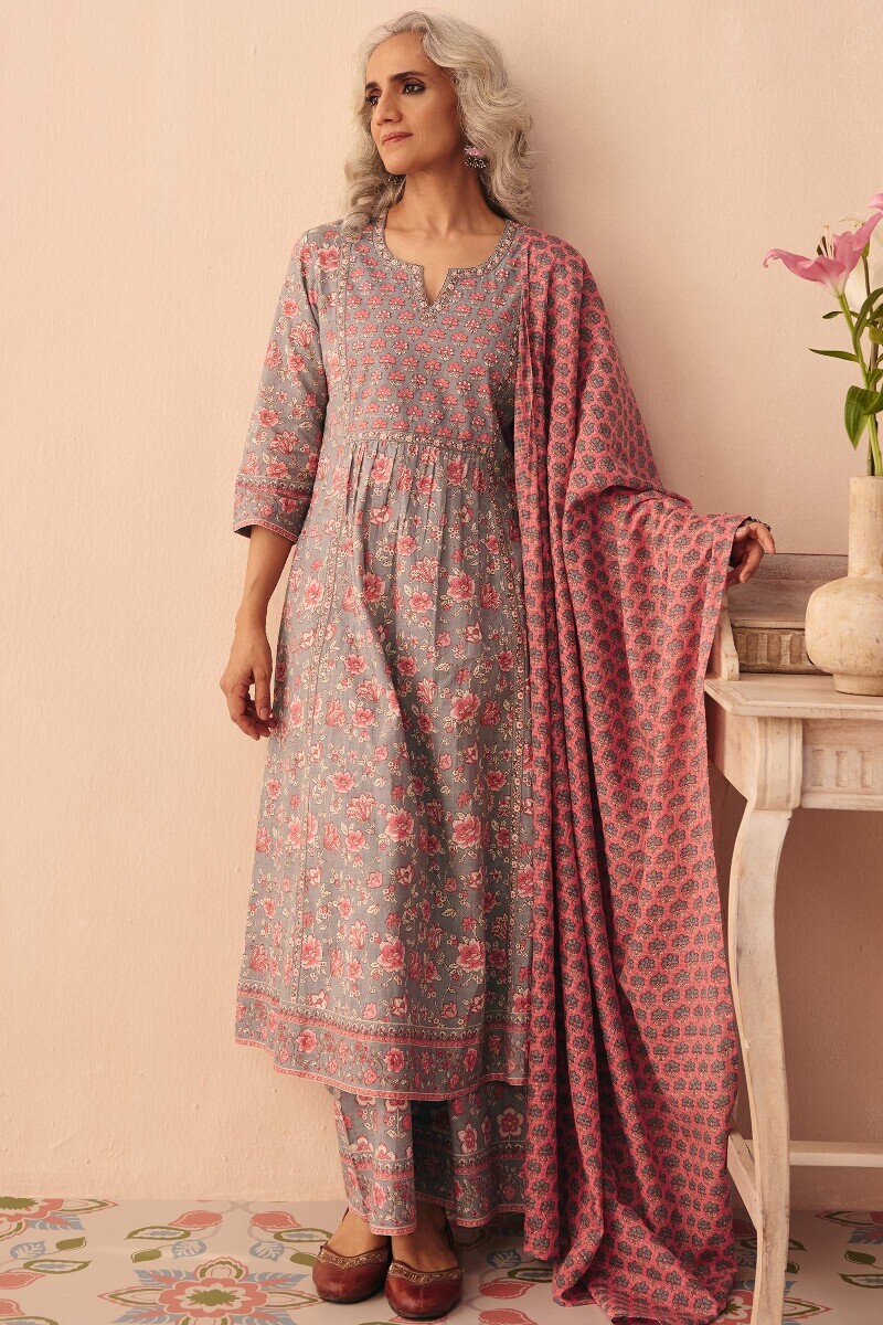 Grey Hand Printed Cotton Slub Farsi