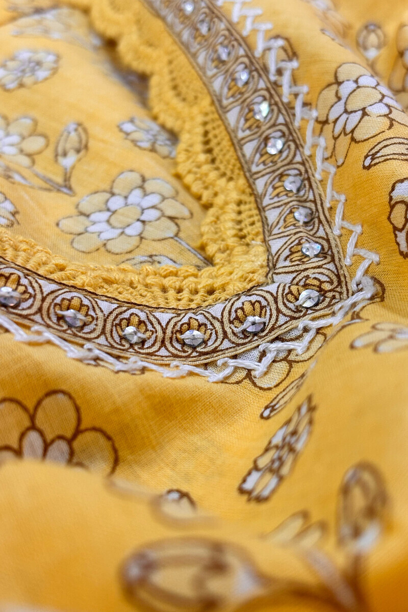 Yellow Hand Printed Straight Cotton Kurta