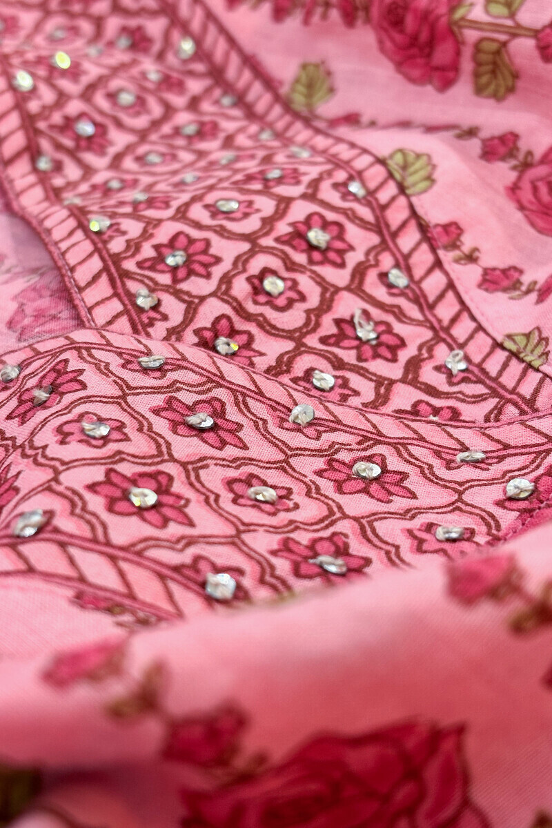 Pink Hand Printed Straight Cotton Kurta