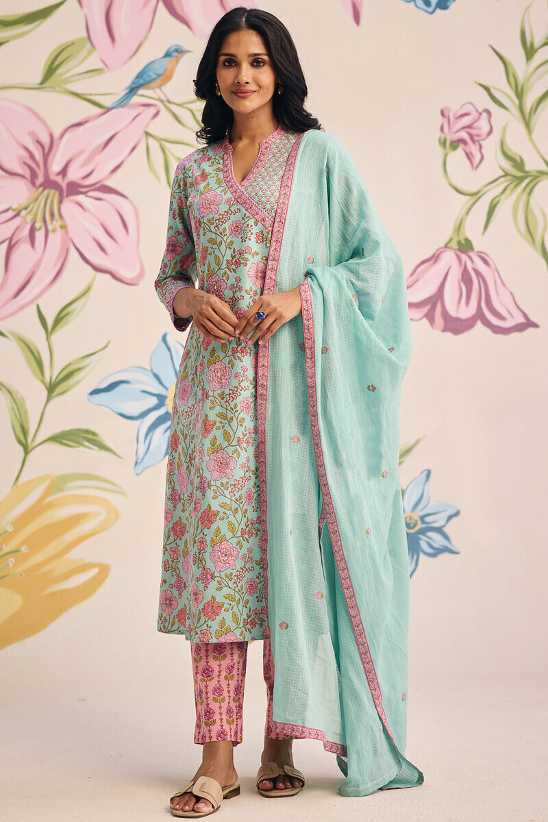 Blue Hand Printed Angrakha Cotton Kurta