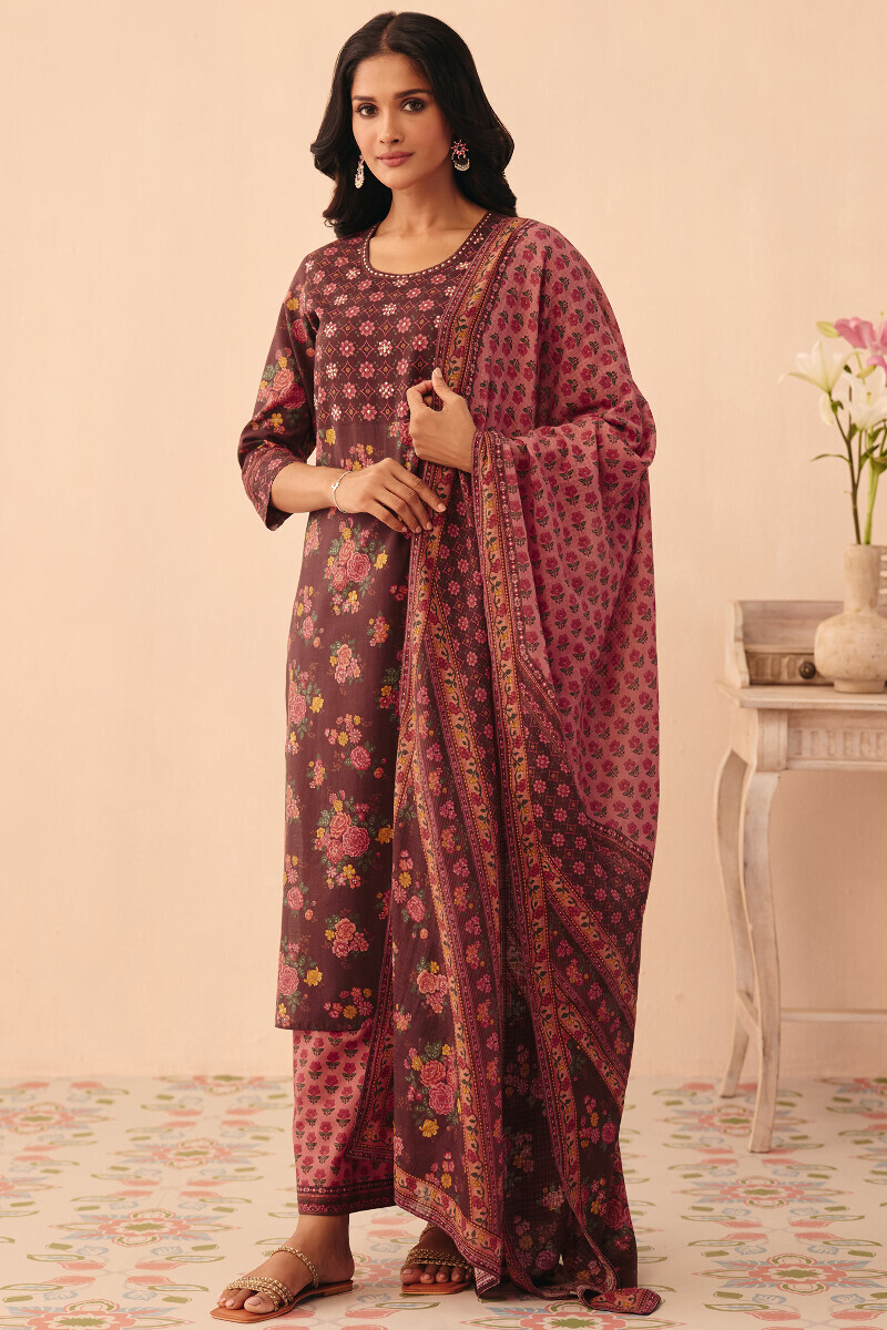 Brown Printed Straight Cotton Kurta