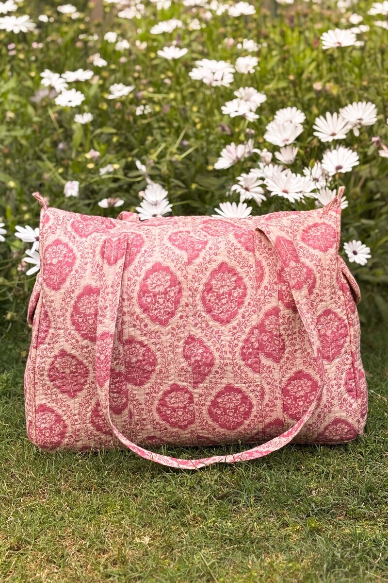 Pink Hand Printed Cotton Slub Holdall Bag
