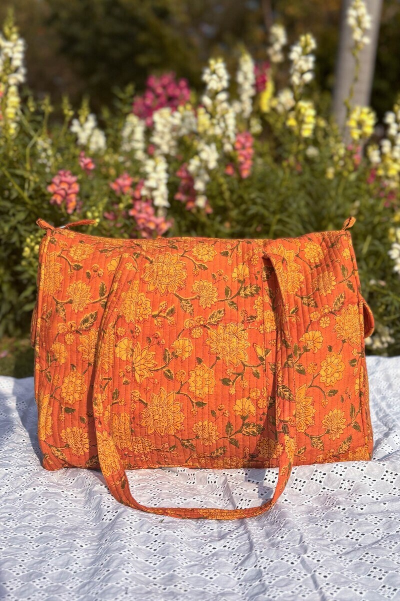 Peach Hand Block Printed Cotton Holdall Bag