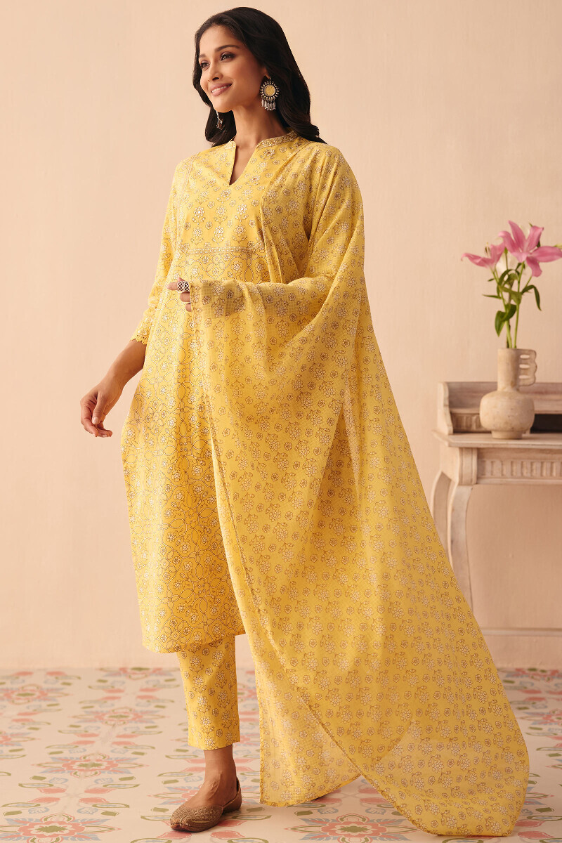 Yellow Hand Printed Straight Cotton Kurta