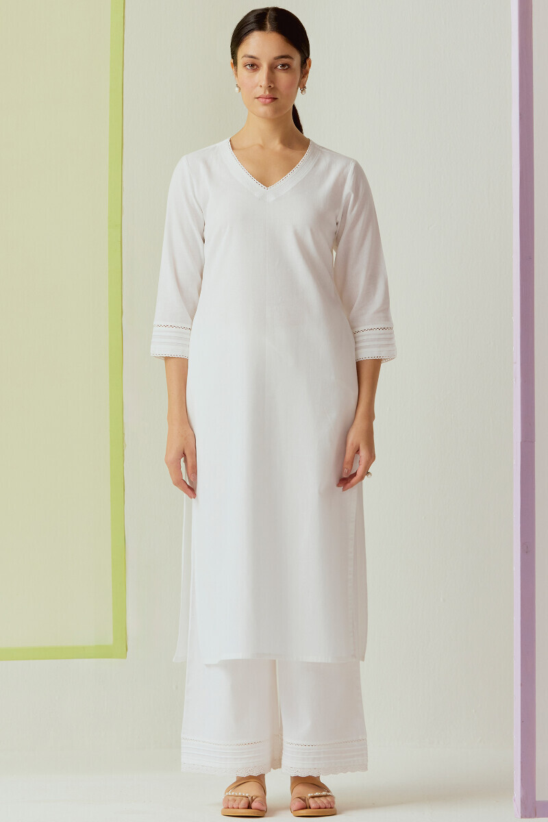 White Handcrafted Straight Cotton Flax Kurta