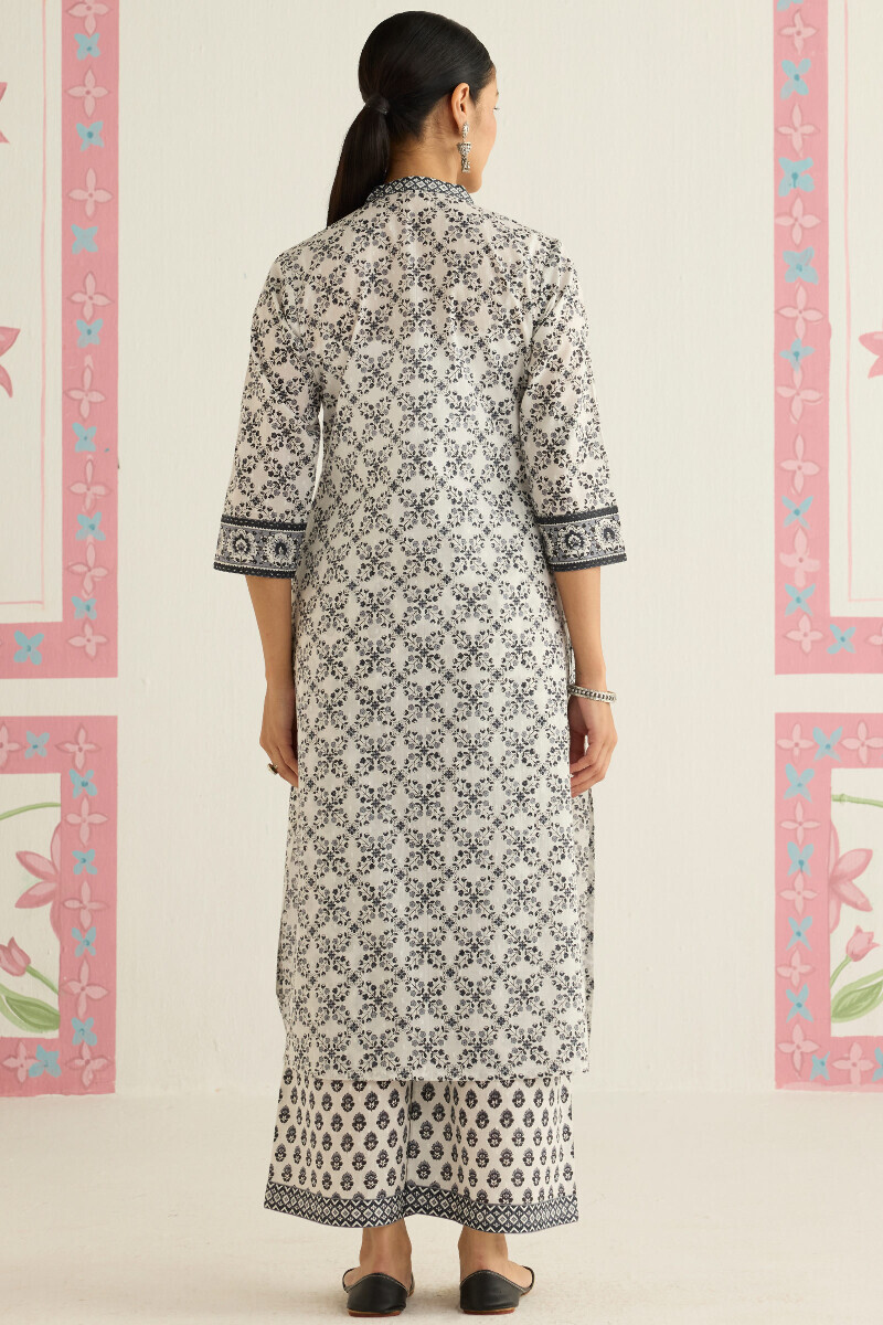 White Hand Printed Straight Cotton Dobby Kurta
