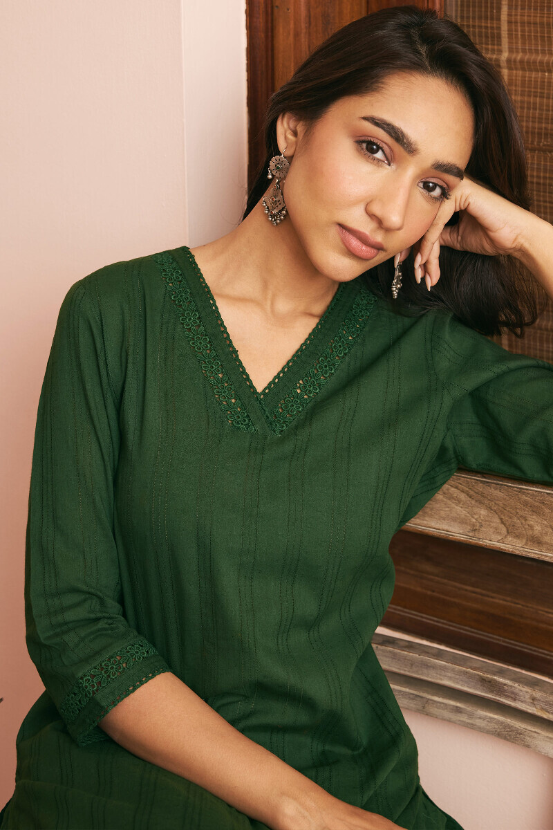 Green Handcrafted Straight Cotton Dobby Kurta