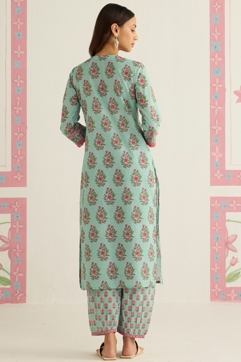Blue Printed Straight Cotton Kurta
