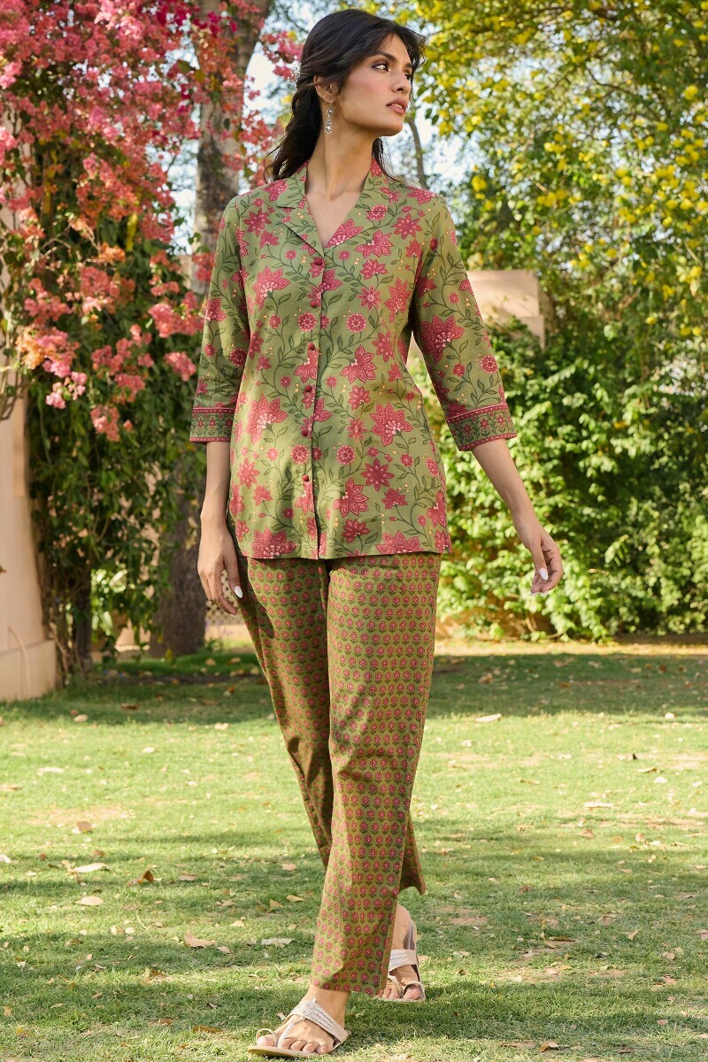 Green Printed Cotton Loungewear Set
