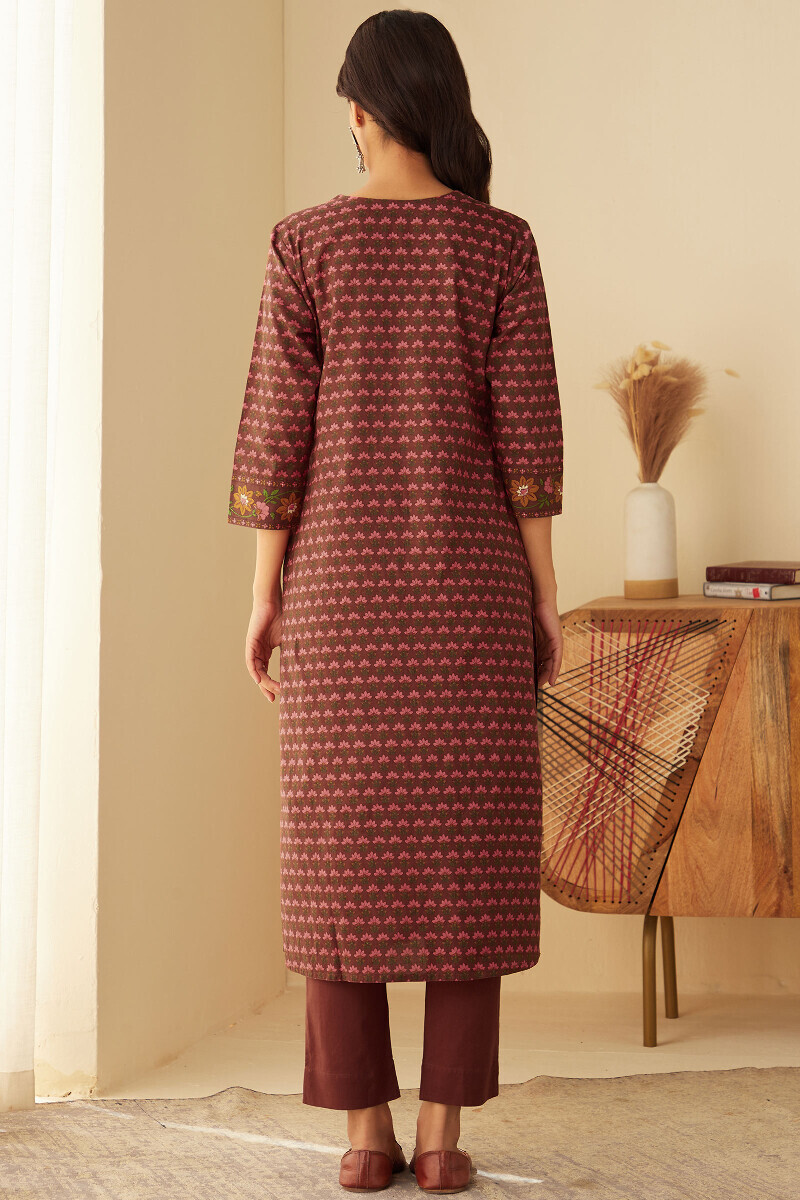 Brown Hand Printed Straight Cotton Kurta