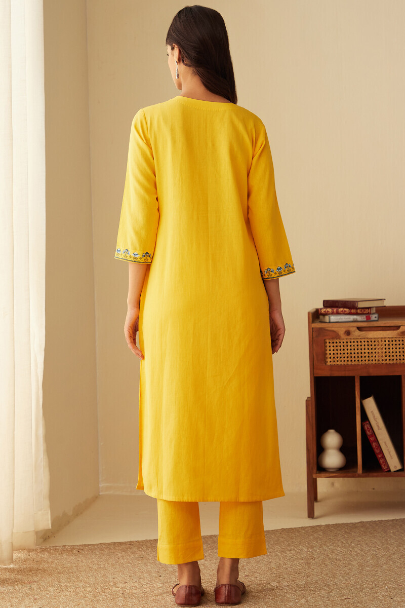 Yellow Handcrafted Straight Cotton Flax Kurta