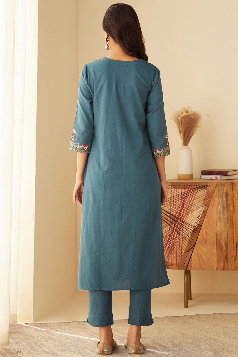 Blue Handcrafted Straight Cotton Flax Kurta