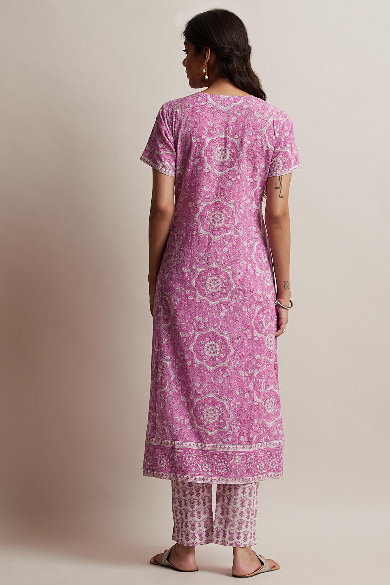 Pink Block Printed Straight Cotton Kurta
