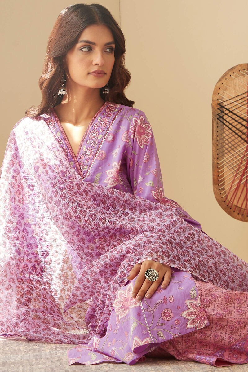 Purple Hand Printed Straight Cotton Kurta