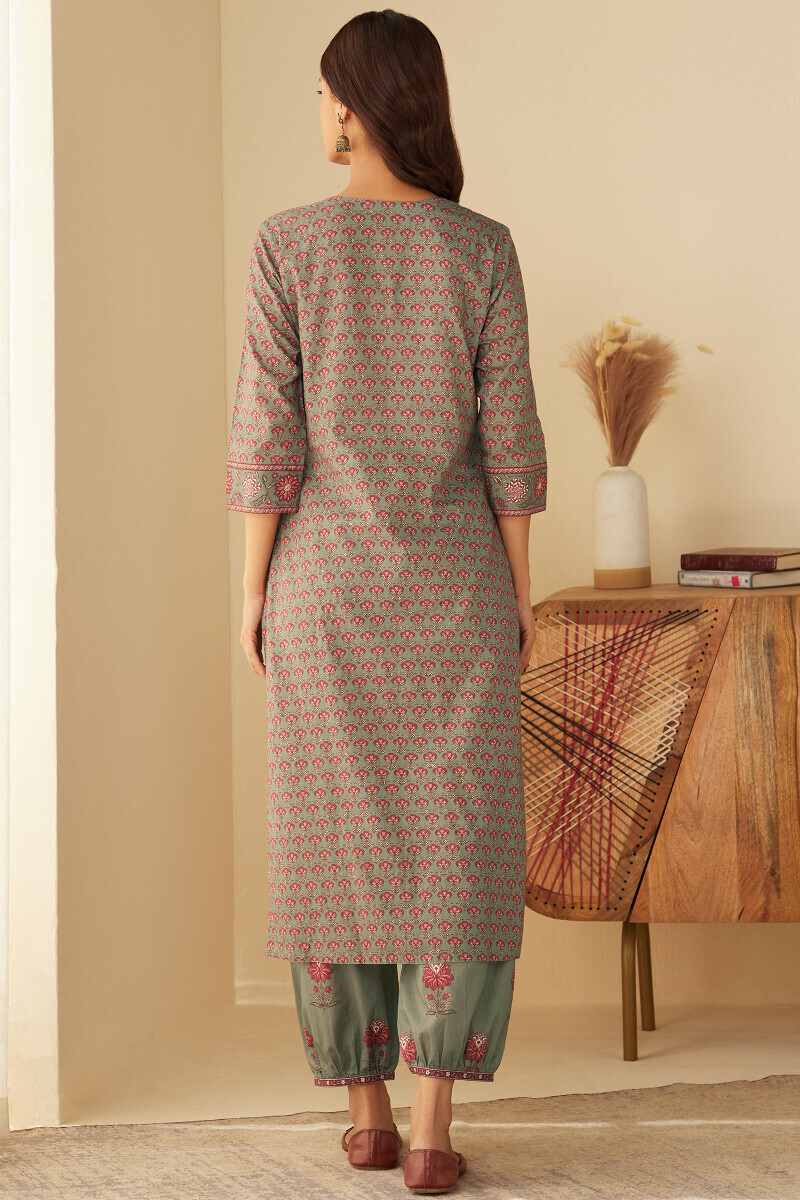 Grey Printed Straight Cotton Kurta