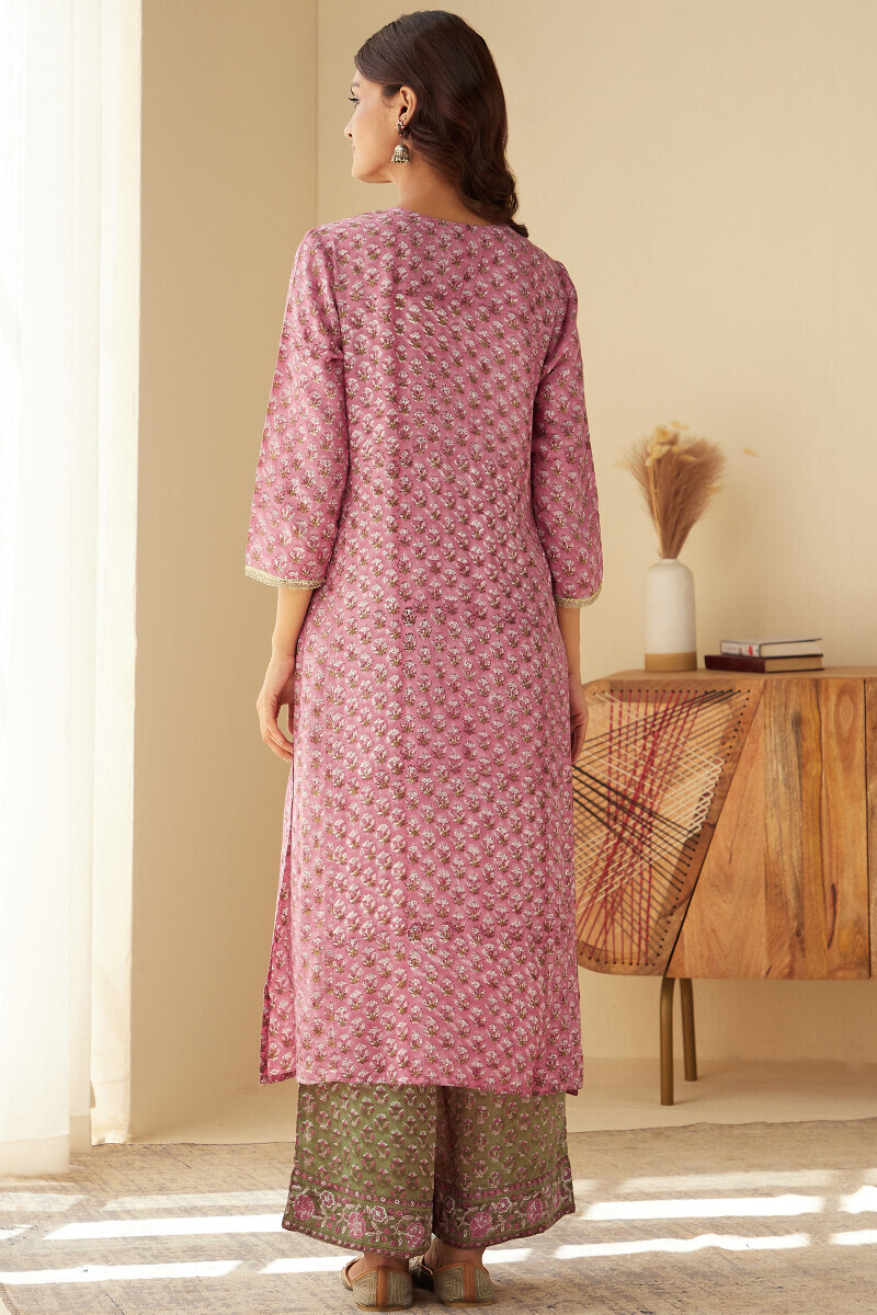 Purple Hand Block-Printed Straight Viscose Kurta