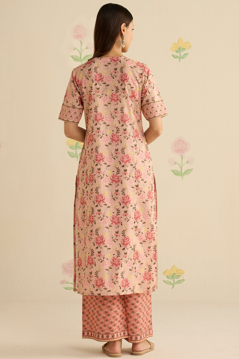Peach Printed Straight Cotton Kurta