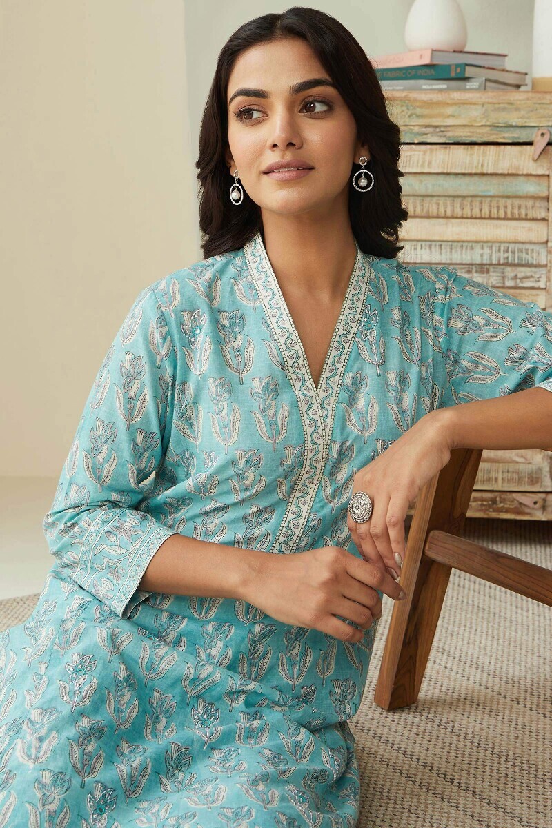 Blue Hand Block-Printed Straight Cotton Slub Kurta