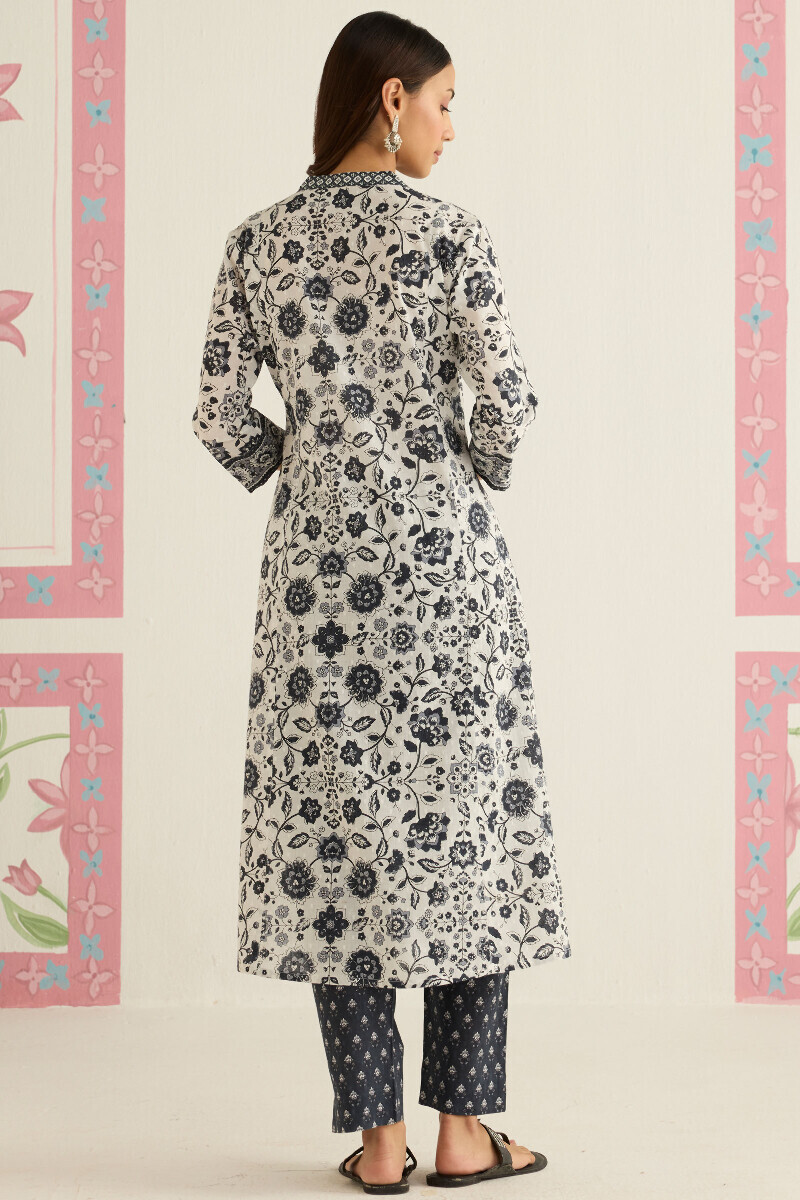 White Hand Printed Angrakha Cotton Dobby Kurta