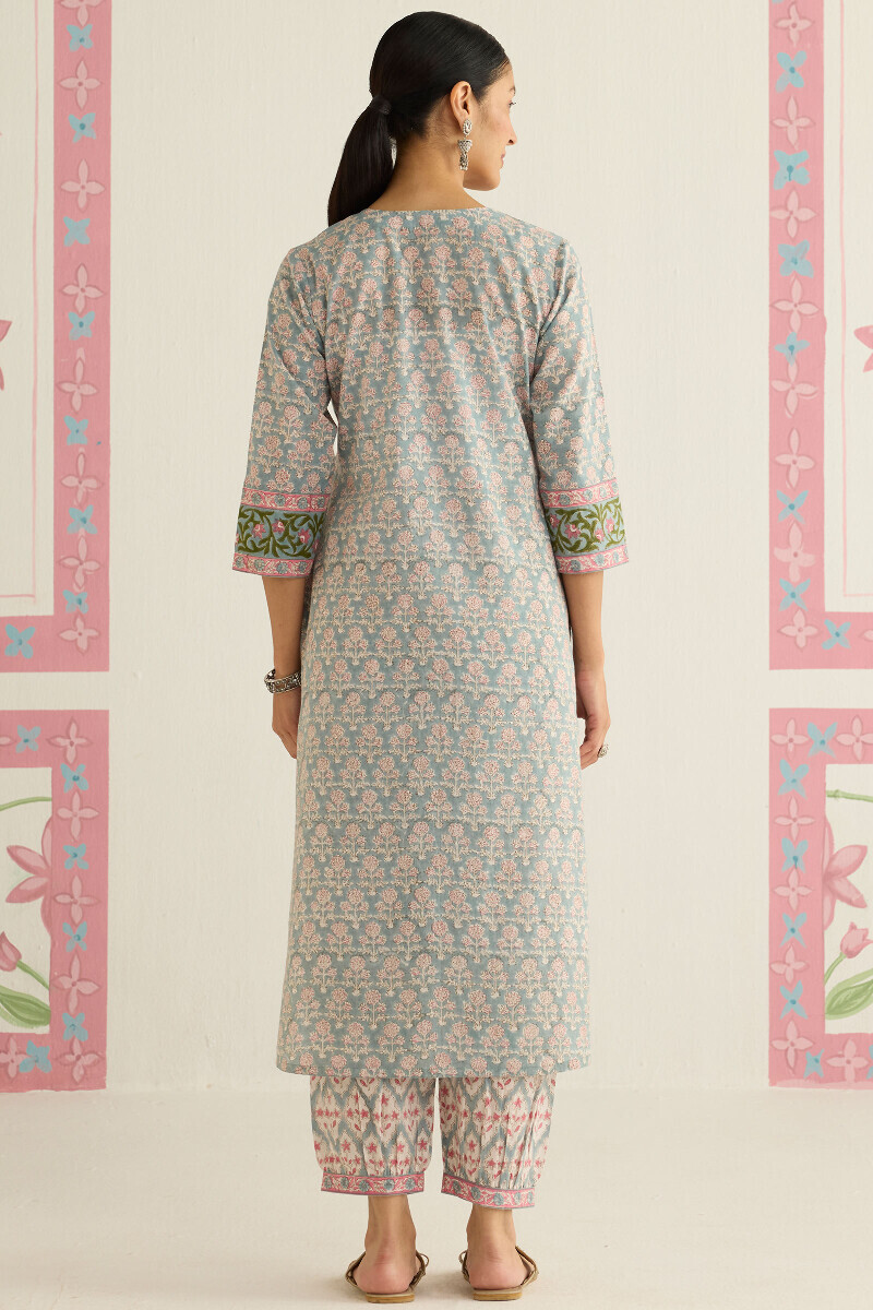 Grey Hand Block Printed Straight Cotton Kurta