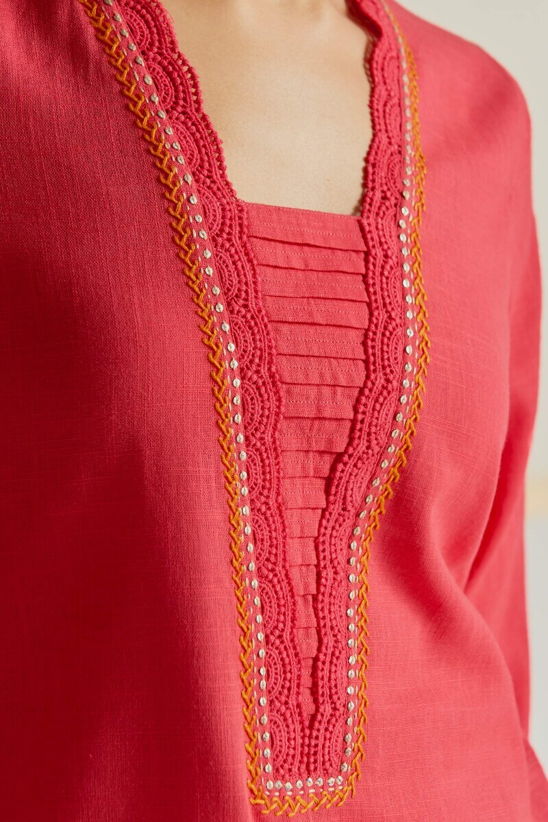 Pink Handcrafted Straight Gauze Slub Kurta