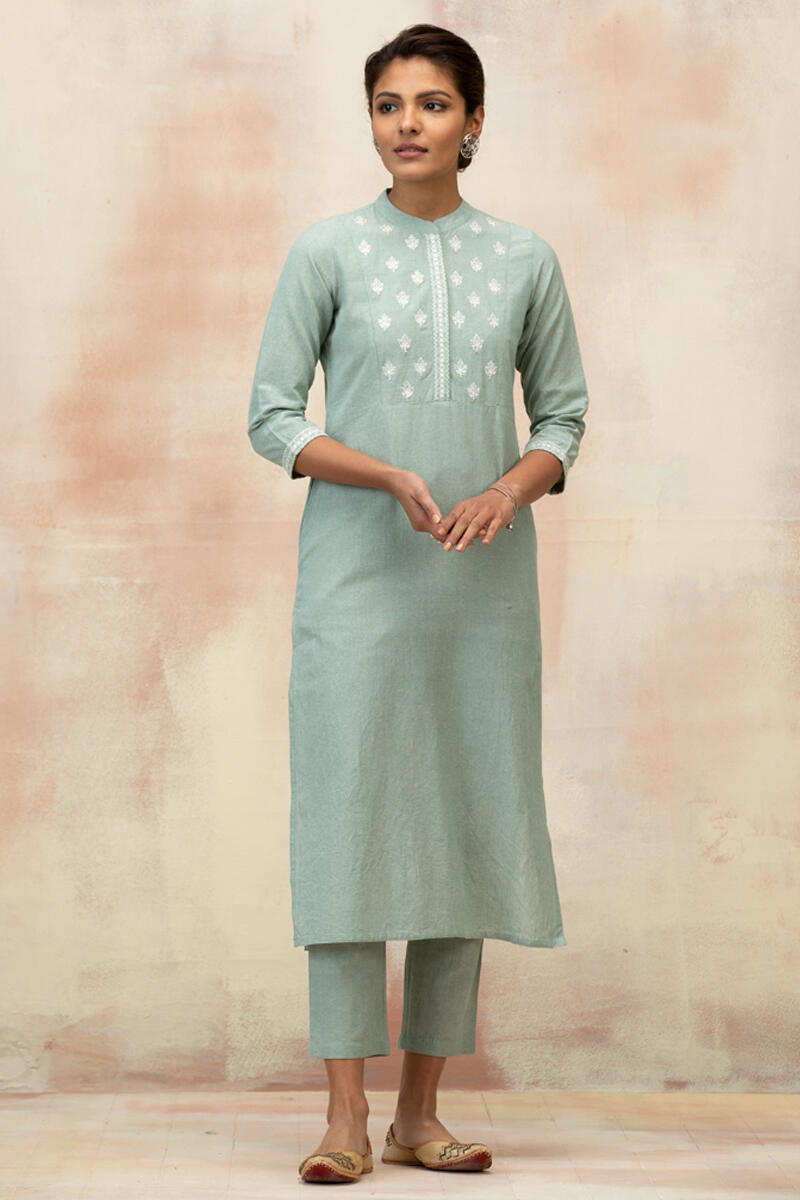 Green Handcrafted Straight Cotton Kurta