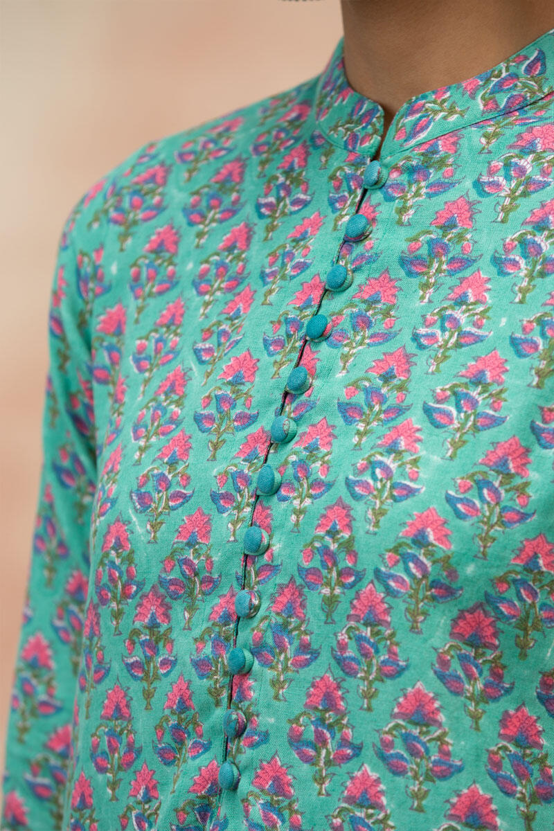 Green Block Printed Straight Cotton Kurta