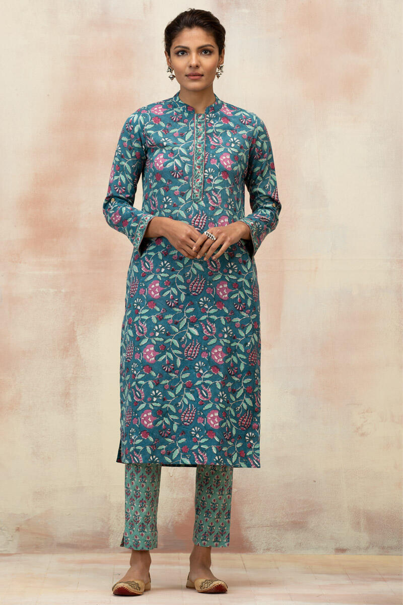 Turquoise Block Printed Straight Cotton Kurta