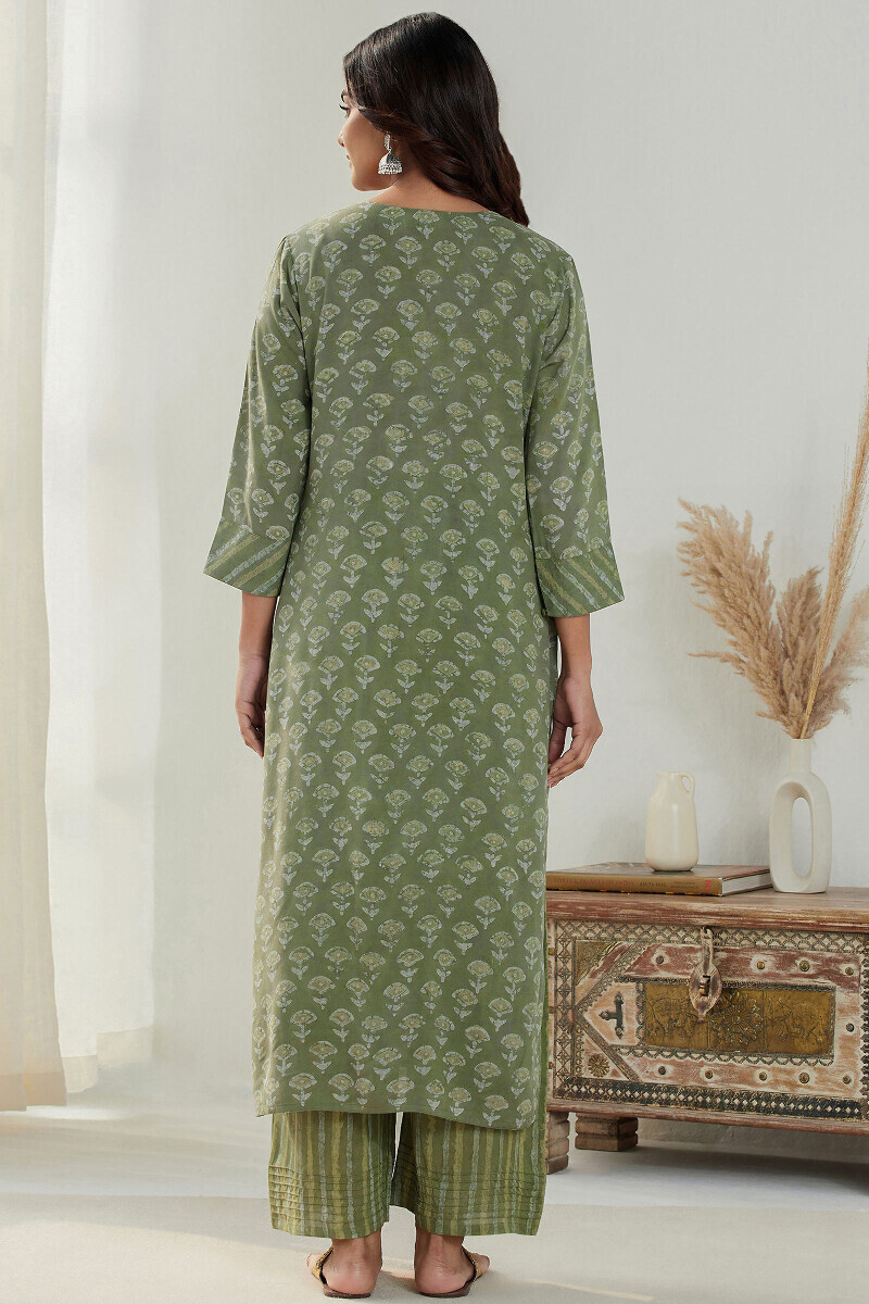 Green Hand Block-Printed Straight Viscose Kurta