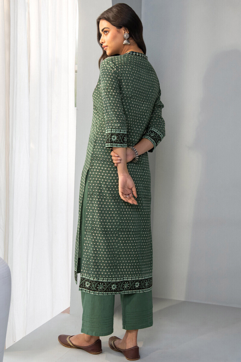 Green Hand Block Printed Straight Cotton Dobby Kurta