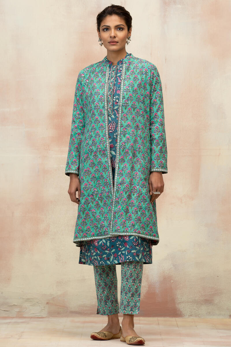 Blue Block Printed Cotton Reversible Jacket