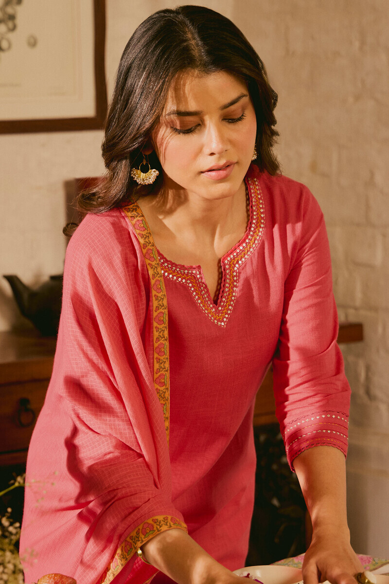 Pink Handcrafted Straight Gauze Slub Kurta
