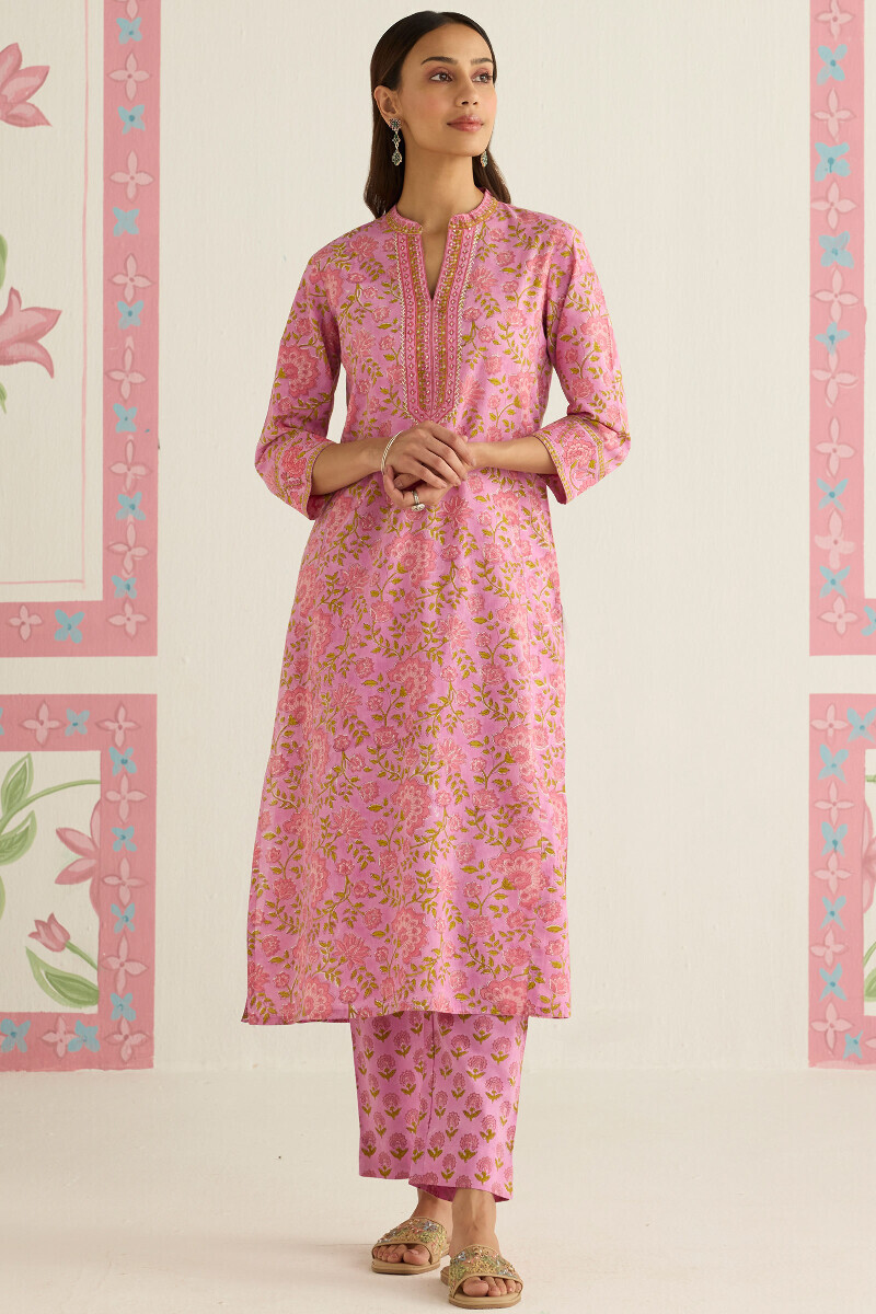 Purple Hand Block Printed Straight Cotton Kurta