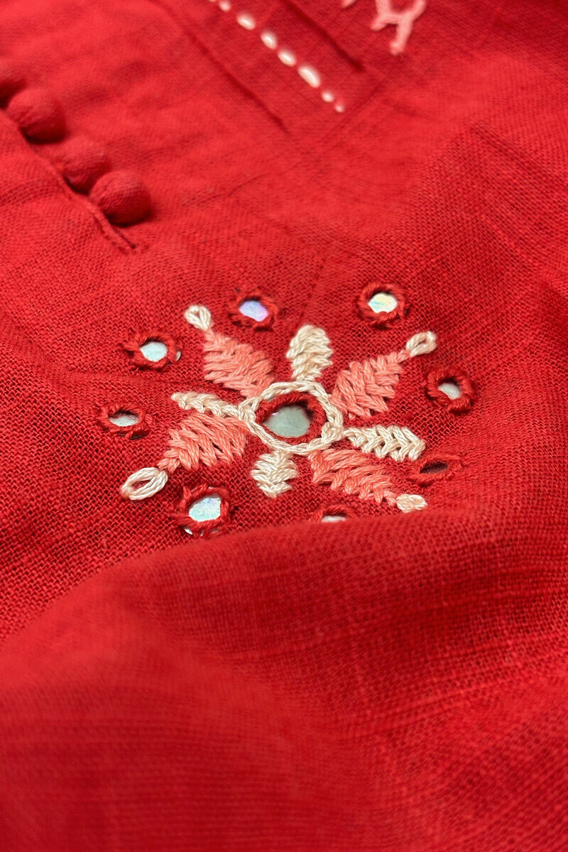 Red Handcrafted Straight Gauze Slub Kurta