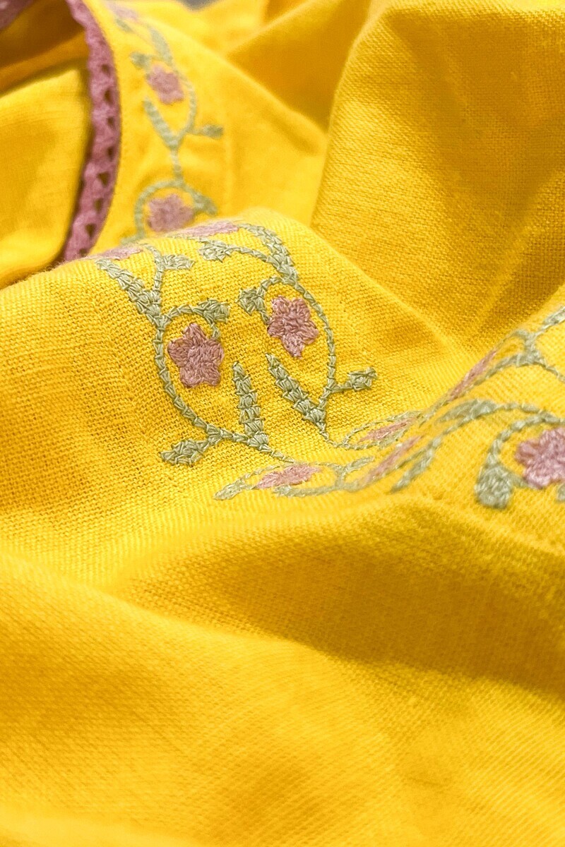 Yellow Handcrafted Straight Cotton Flax Kurta