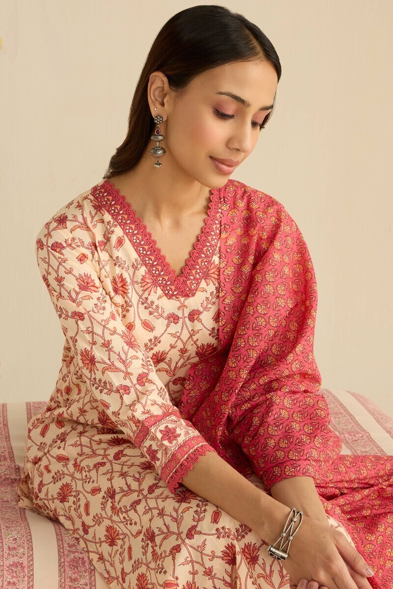 Cream Hand Printed Straight Cotton Kurta
