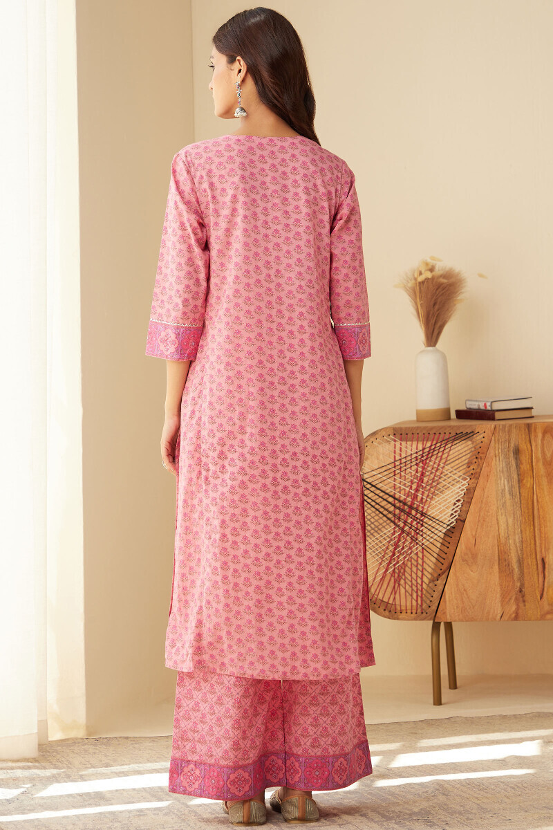 Pink Hand Printed Straight Cotton Kurta