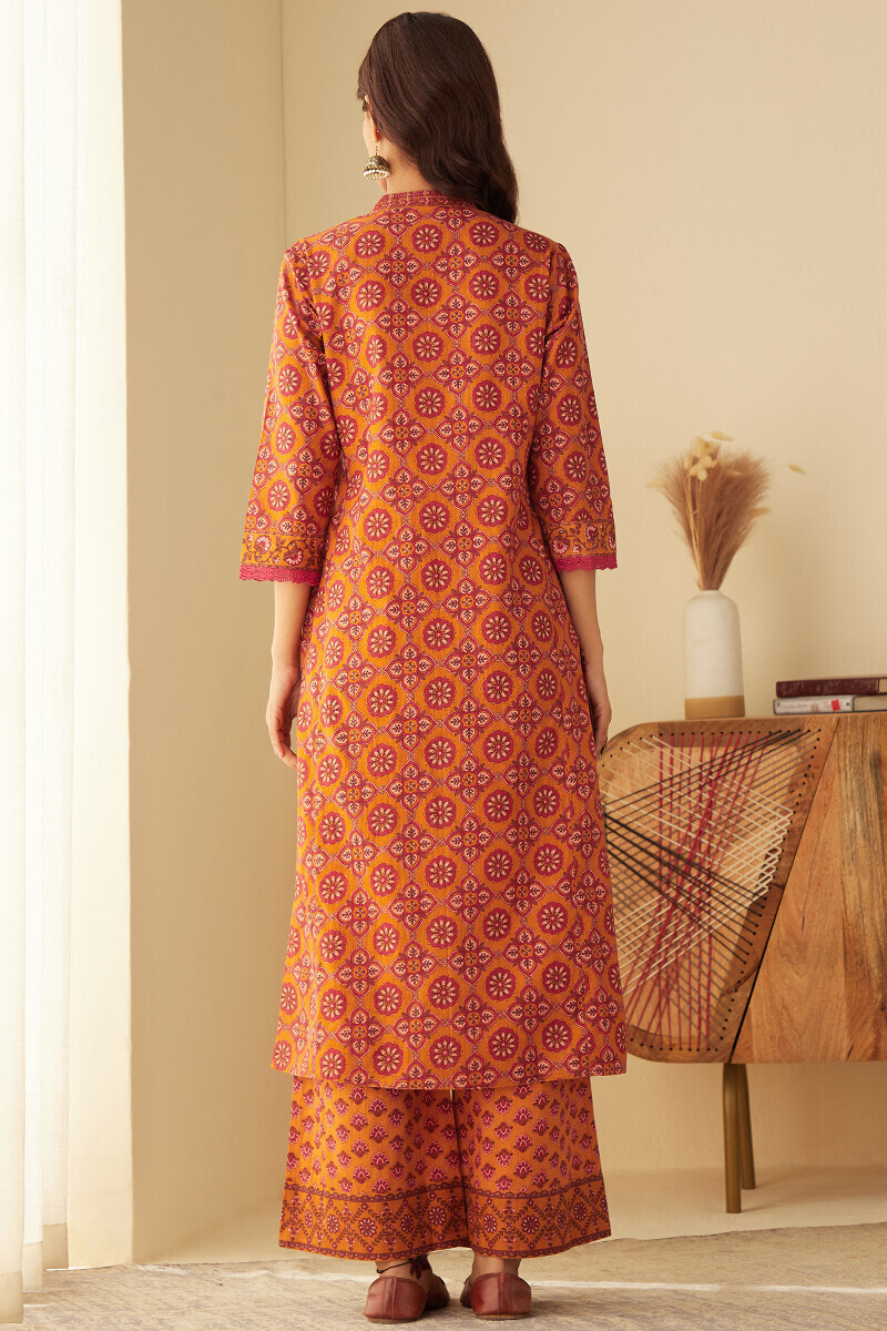 Mustard Hand Printed Straight Cotton Kurta