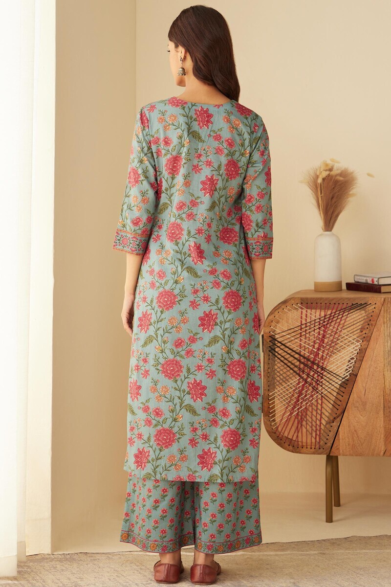 Blue Printed Straight Cotton Kurta