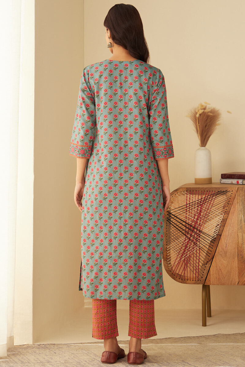 Blue Printed Straight Cotton Kurta