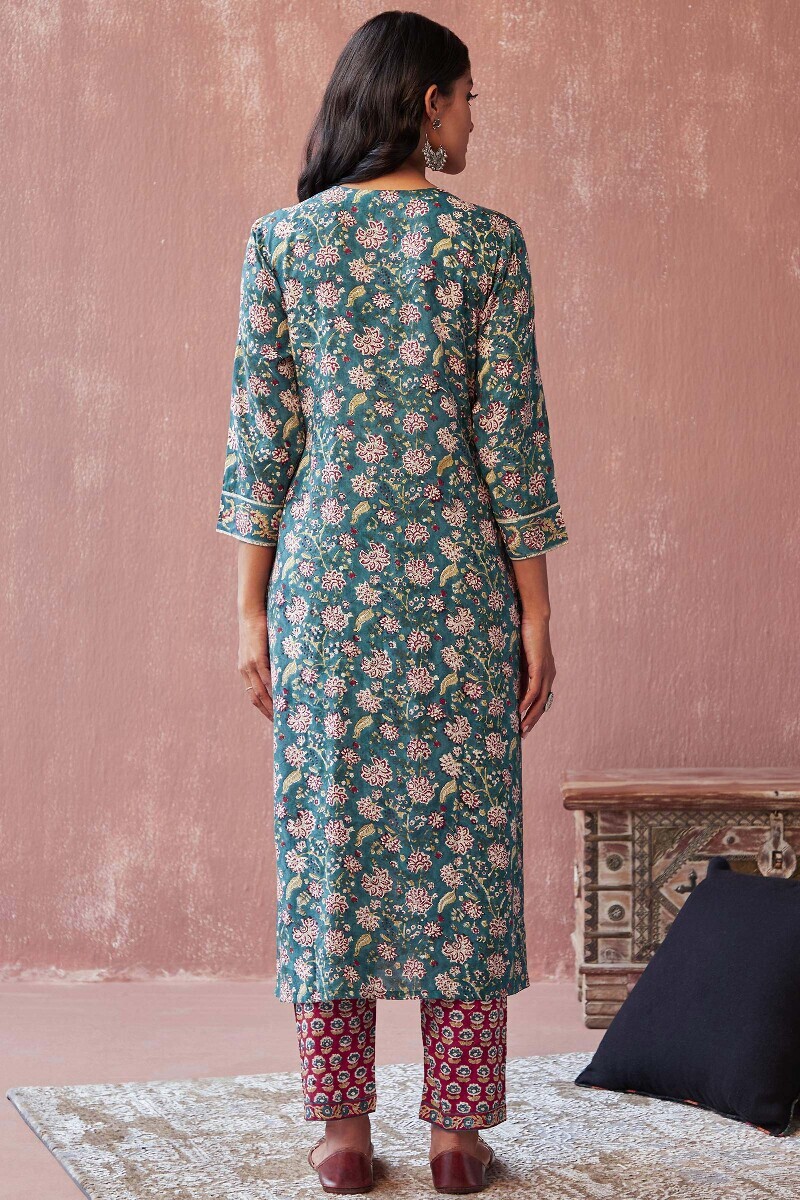 Teal Hand Block-Printed Straight Viscose Kurta